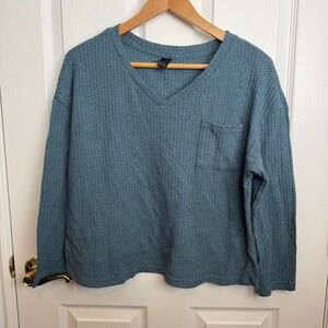 Blue Waffle Knit Long Sleeve V Neck Pocket Tunic Top Women S Layering Grunge 90s